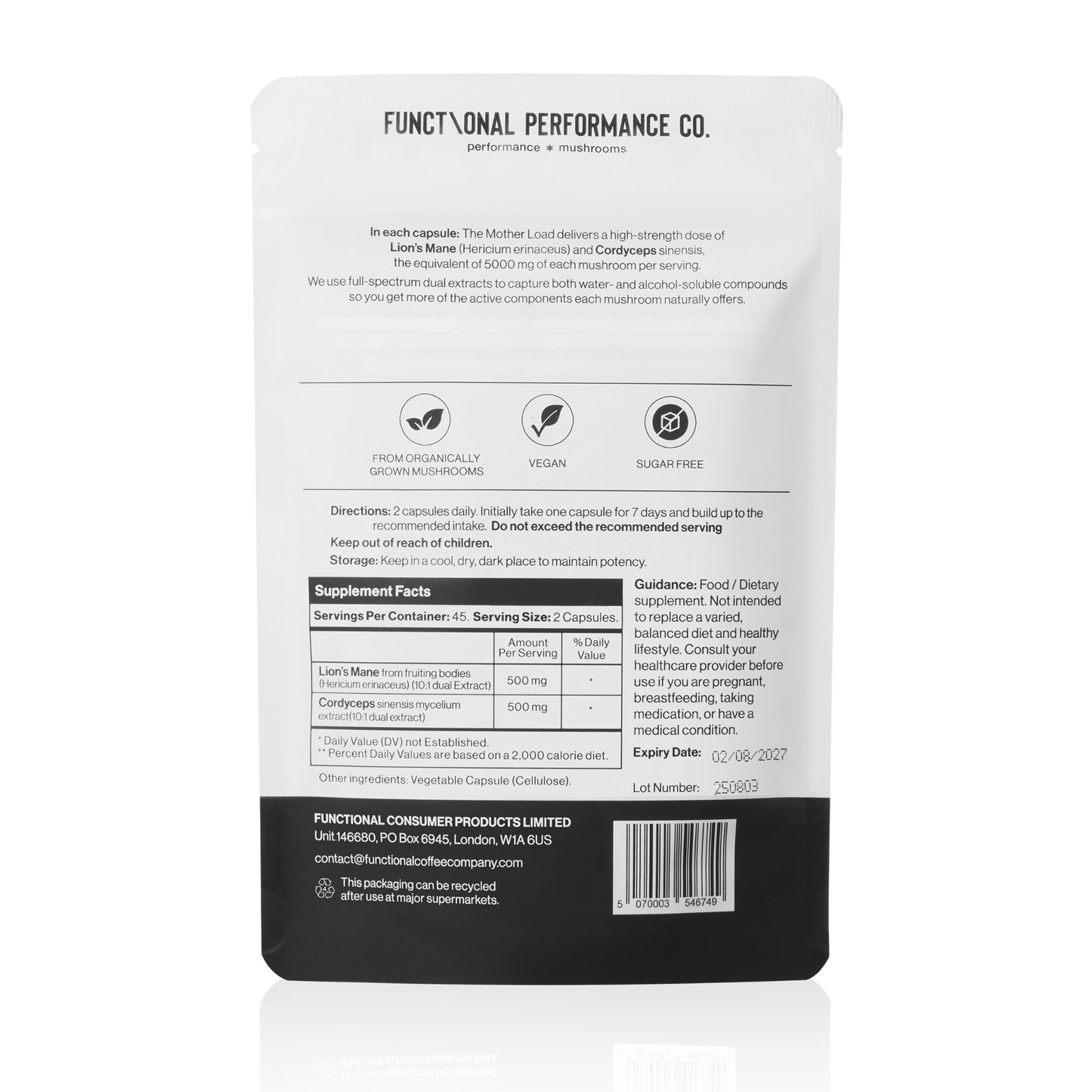 Lion's Mane and Cordyceps Capsules 10,000mg Dry Mushroom Equivalent