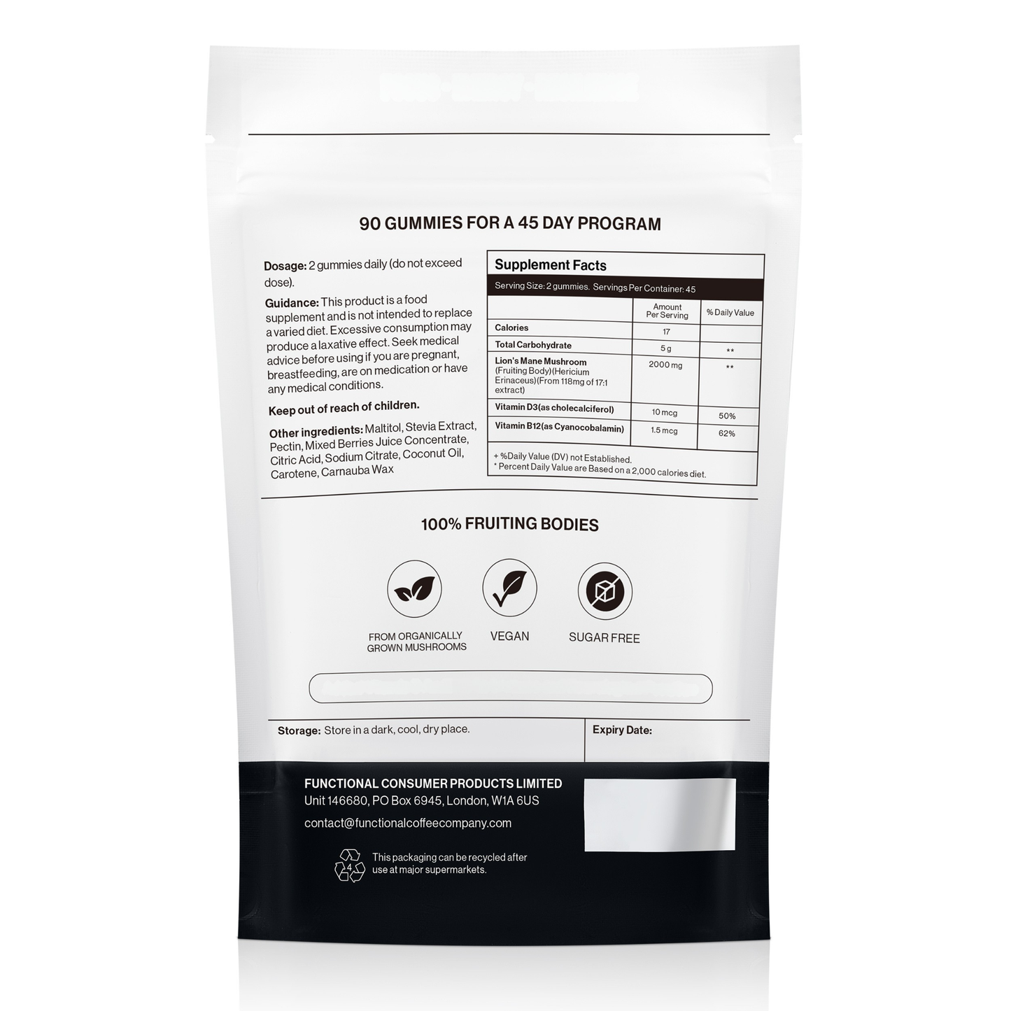 Dual Extracted & Organically Grown Lion's Mane Mushroom Gummies with Vitamin D3 and B12.